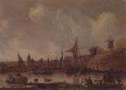 A River landscape with ferries and other shipping,a church beyond unknow artist